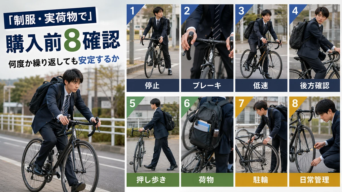 高校生が制服と通学荷物でロードバイクの購入前8確認を行う図