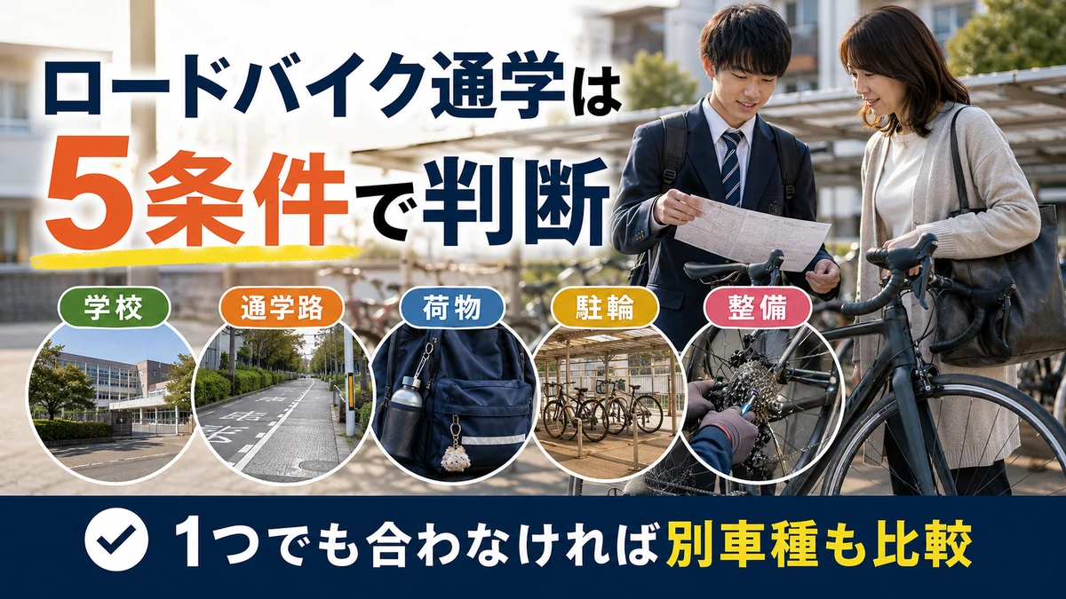 高校生のロードバイク通学を学校・通学路・荷物・駐輪・整備の5条件で判断する図