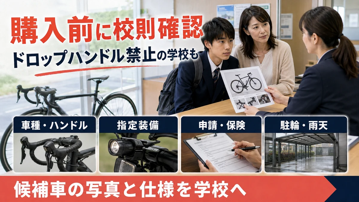ロードバイク通学の校則を車種・ハンドル・装備・手続き・駐輪で確認する図