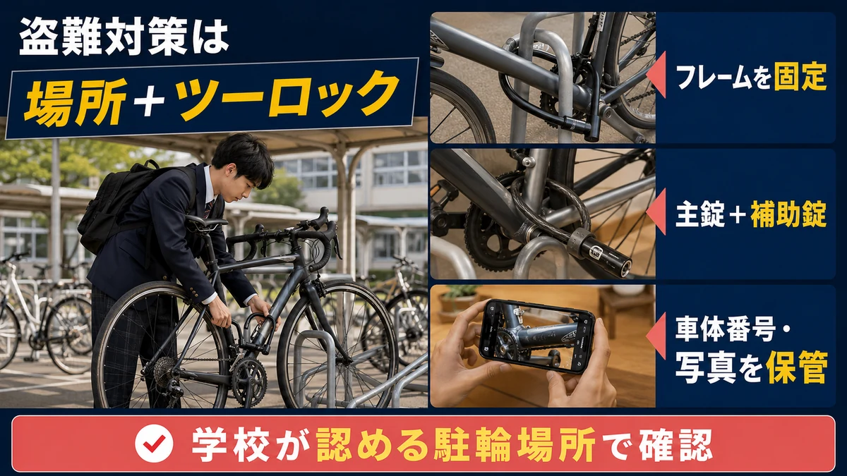 学校駐輪場でロードバイクのフレームを固定物へツーロックする盗難対策図
