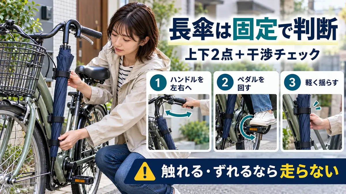 長傘を自転車で持ち運ぶときの固定と干渉確認