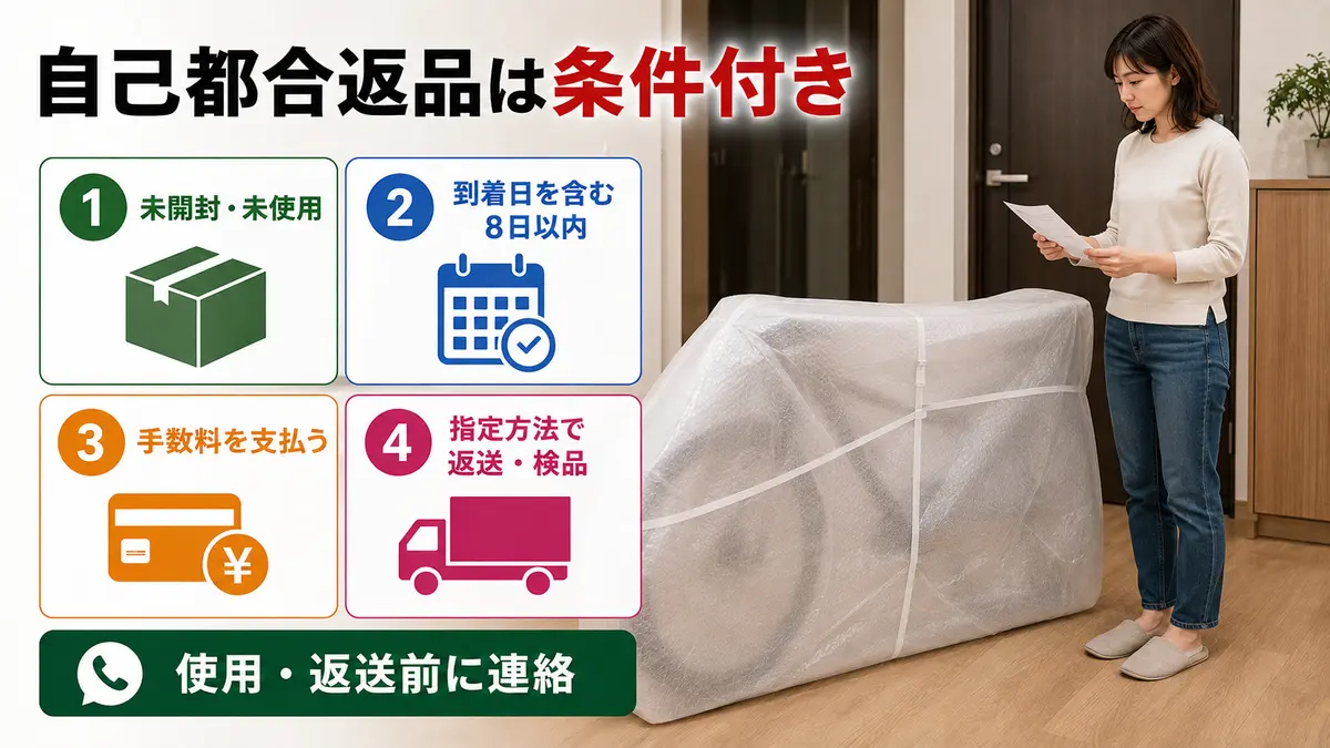 サイマの自己都合返品に必要な未開封・未使用、到着日を含む8日以内、手数料、指定方法での返送・検品の4条件